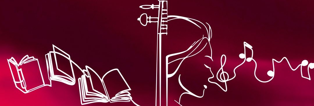 Immagine stilizzata di donna seduta su una panchina rossa e circondata da note e libri 