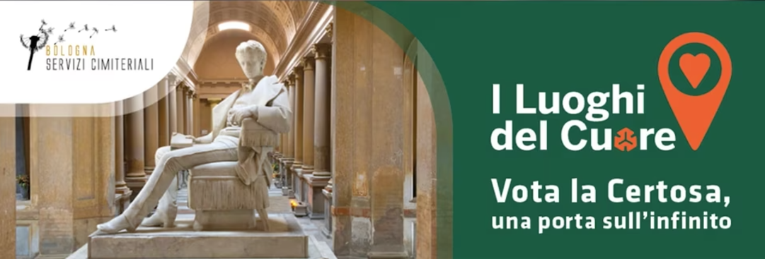 Immagine di un monumento in Certosa e logo dell'iniziativa I Luoghi del Cuore