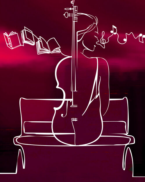 Immagine stilizzata di donna seduta su una panchina rossa e circondata da note e libri 