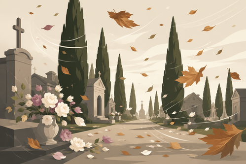 Immagine stilizzata di foglie cadute con il vento al cimitero