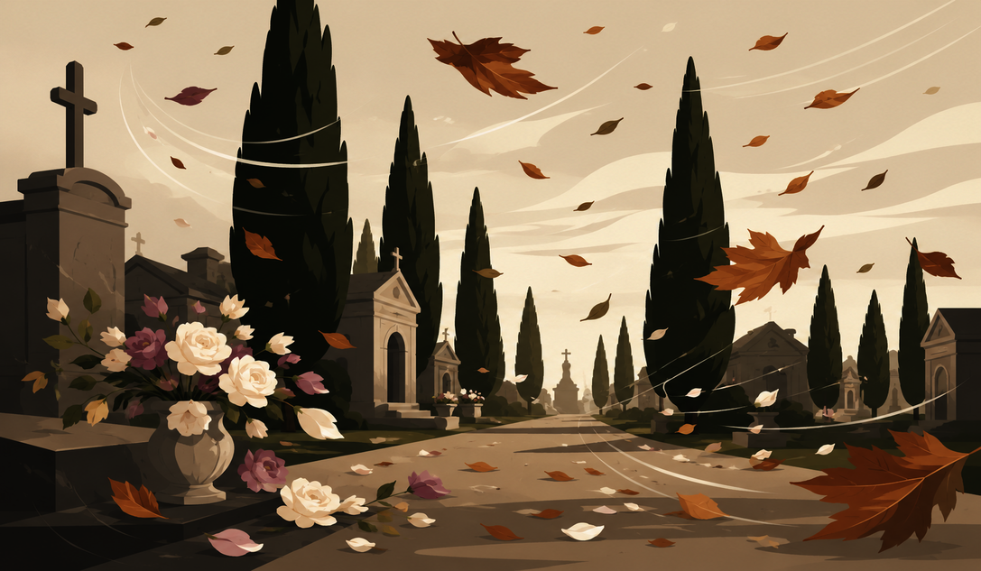 Immagine stilizzata di foglie cadute con il vento al cimitero